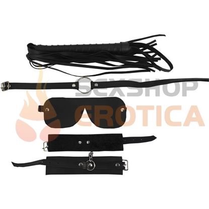 Kit ecocuero negro con antifaz, mordaza, esposas y latigo